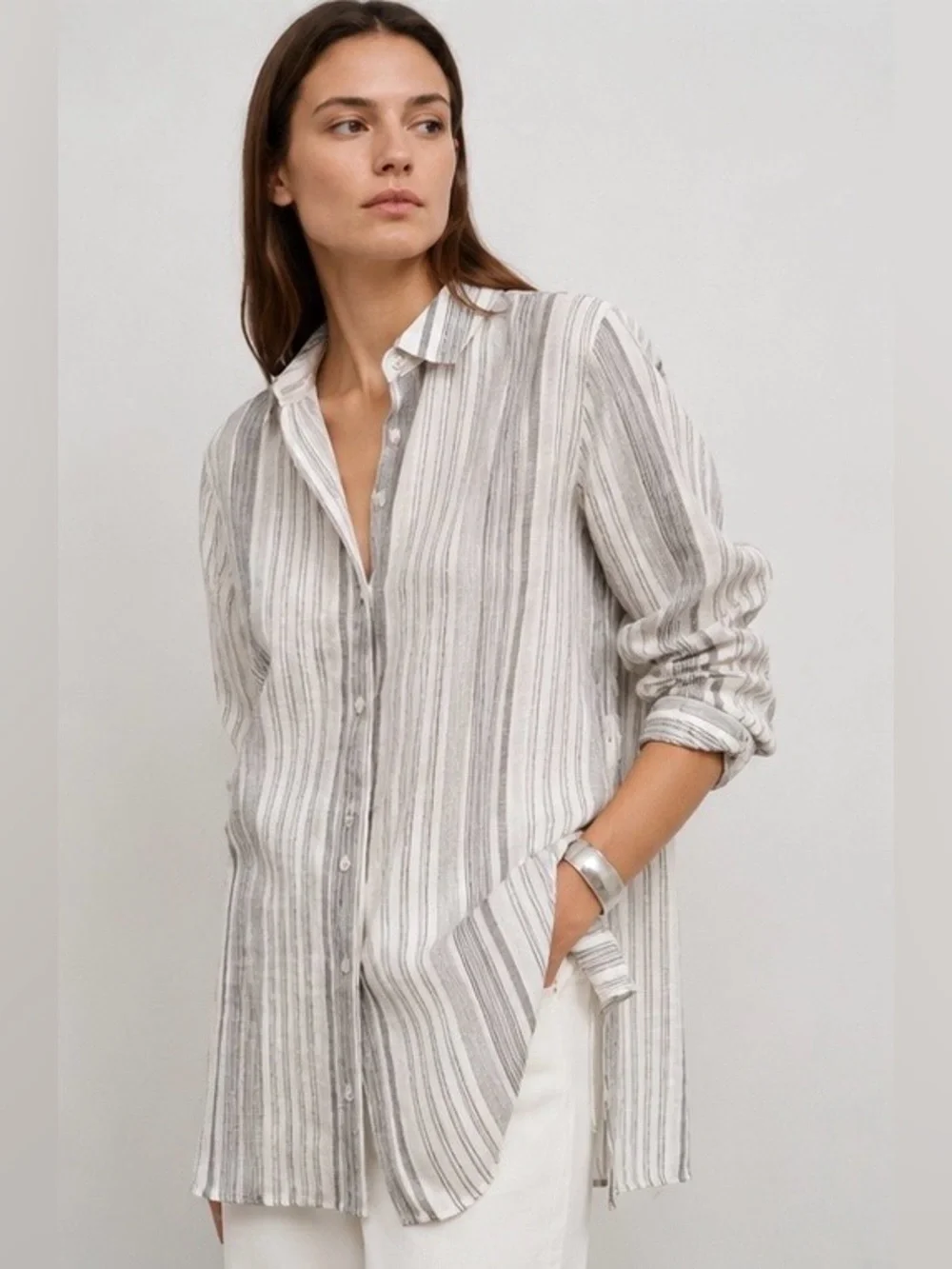 NWT Lafayette 148 linen button down stripe shirt with side button detail - Picture 4 of 10